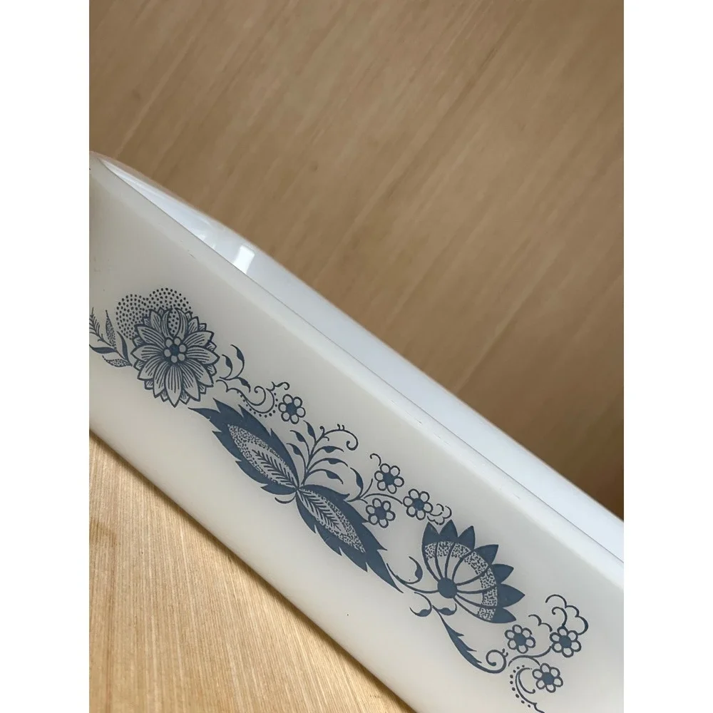 Vintage Glasbake Blue Floral Onion Milk Glass Loaf Pan J-522 Made in USA MCM